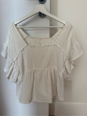 Anthropologie Cream Gauze Ruffle Peplum Square-Neck Top